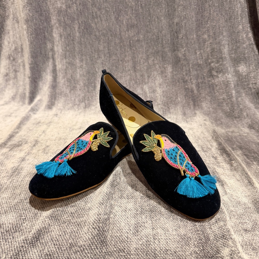 Boden Navy Blue Velvet Parrot Embroidered Loafers Tassel Smoking Slippers 38 7.5